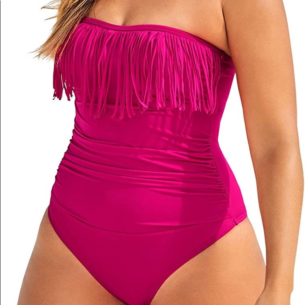 Fringe One Piece Swimsuit Pink Halter Plus Size 24